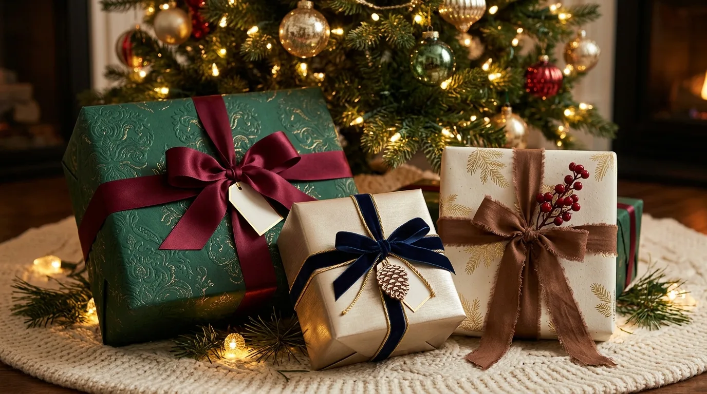 Luxury wrapped gifts with metallic paper and silk ribbon.
